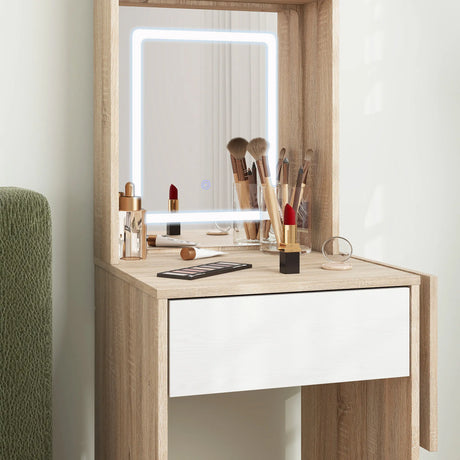 HOMCOM Small Vanity Desk with Mirror and LED Lights, Compact Dressing Table with Drop Leaf, Open Shelves, Natural Wood