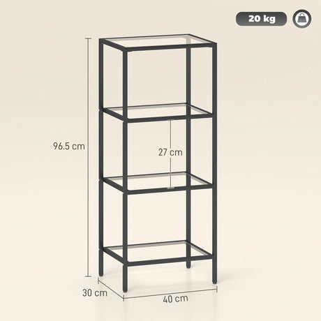 HOMCOM 4-Tier Shelving Unit, Glass Shelf, Vertical Storage Shelf for Living Room, Home Office, Bedroom, Bathroom, Black