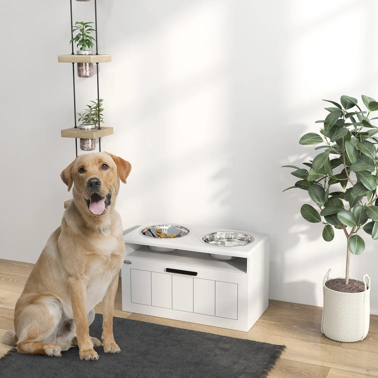 PawHut Raised Dog Bowl with Slow Feeder, Two Stainless Steel Dog Bowls, Drawer, for Large and Extra Large Dogs, White