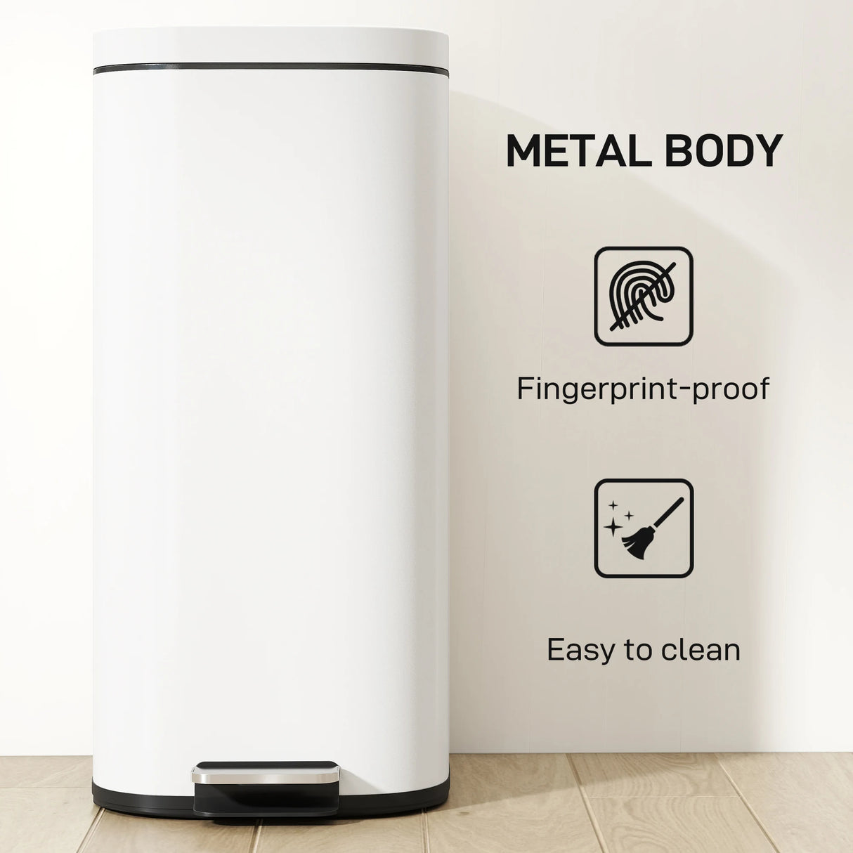 HOMCOM 30L Kitchen Bin, Compact Pedal Bin with Soft-Close and Stay-Open Lid, Removable Bucket for Kitchen, Home, Office, Cream