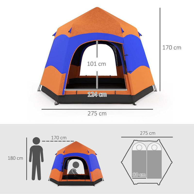 Outsunny Double Layer Dome Tent with Rainfly and Welded Floor, 4 Man Hexagon Pop Up Tent, Portable Camping Shelter with Hang Hook and Carry Bag, for Festival Hiking Family, Orange and Blue