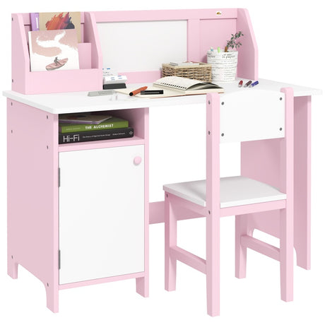 HOMCOM Kids Desk And Chair Set 2 PCs Childrens Table And Chair Set Multi Use Toddler Furniture with Whiteboard, Storage - Pink