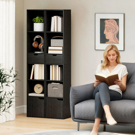 HOMCOM 6-Tier Bookcase, Tall Narrow Bookshelf with Drawer and Door - Black