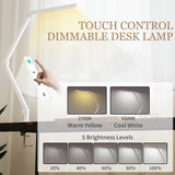 HOMCOM LED Desk Lamp, Dimmable Desk Light with Swing Arm and Clamp, Adjustable Eye-Caring Table Lamp with 2 Colour Modes & 5 Brightness Levels for Study, Drawing, Office, Architect, Task, White