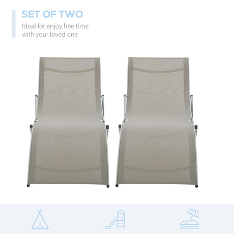 Outsunny Set of 2 S-shaped Foldable Lounge Chair Sun Lounger Reclining Outdoor Chair for Patio Beach Garden, Light Grey