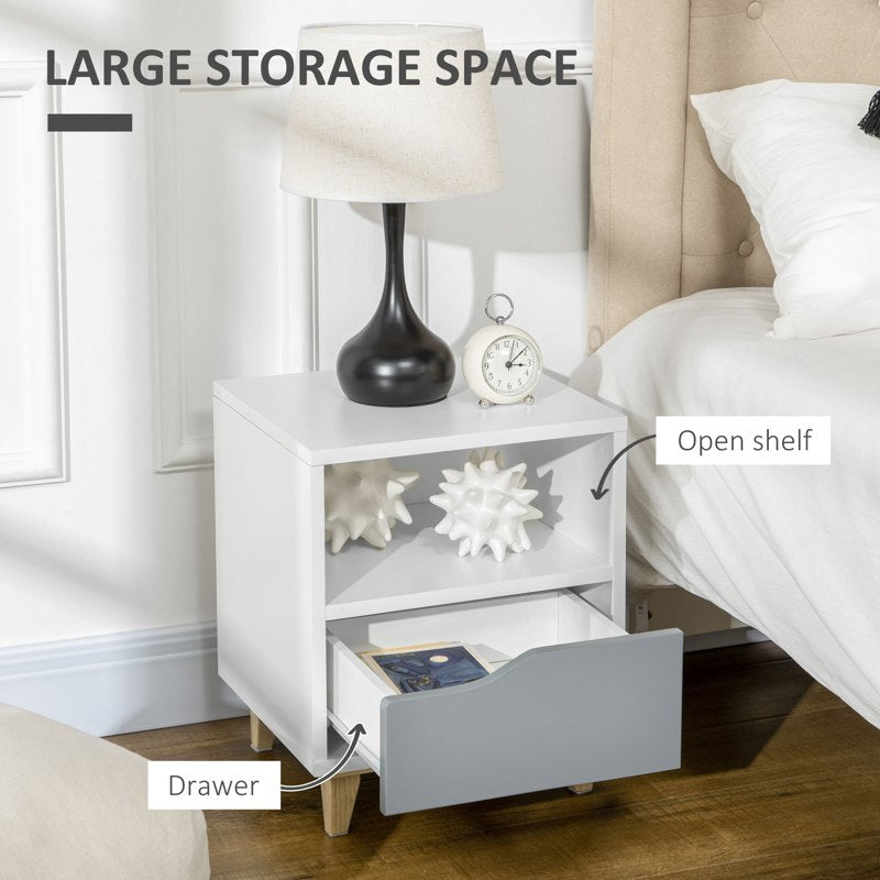 HOMCOM Set of 2 Modern Bedside Tables with Shelves, Drawers and Wood Legs, 36.8cm x 33cm x 43.8cm, White and Grey