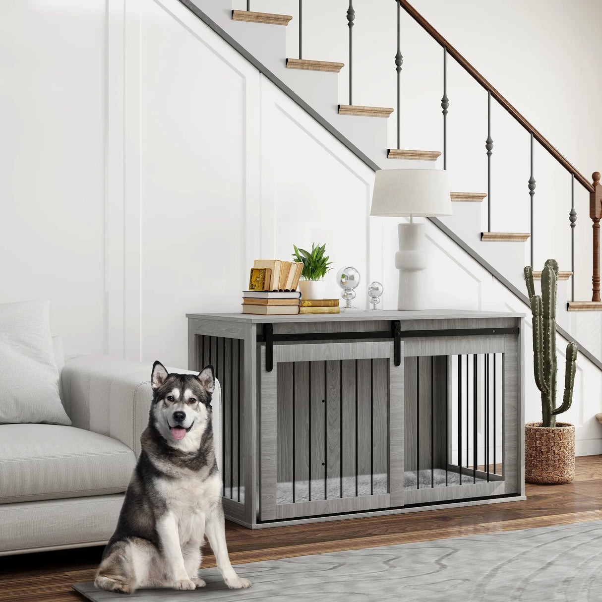 PawHut 46.46'' Dog Crate Furniture with Removable Cushion & Security Latch for Extra Large Dogs - Grey