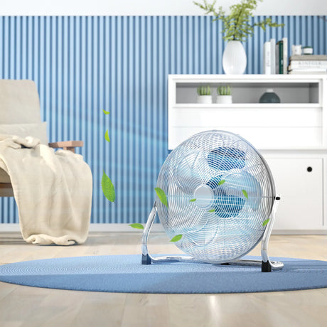 HOMCOM 20" Chrome Metal Floor Fan with Tilting, High Velocity, 3 Speed, Portable Gym Fan for Home Office, Silver