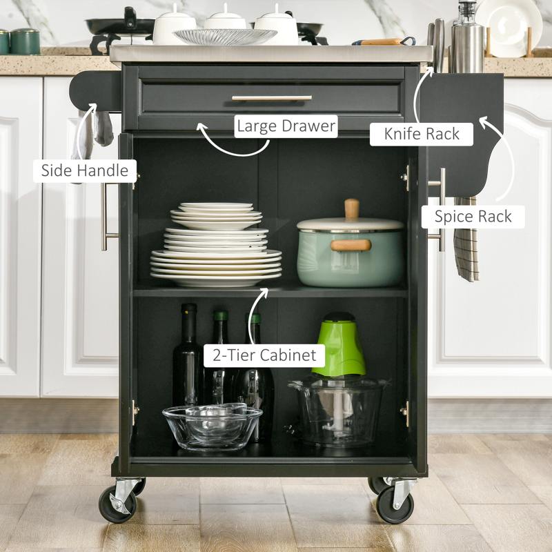 HOMCOM Wooden Kitchen Island on Wheels, Serving Cart Storage Trolley with Stainless Steel Top, Drawer, Side Handle and Rack, Black