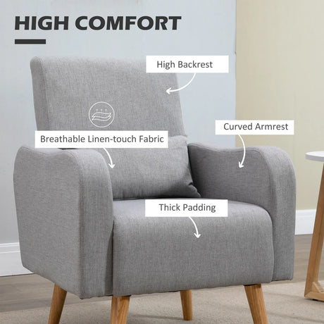 HOMCOM Accent Chair, Linen-Touch Armchair with Pillow, Upholstered Leisure Lounge Sofa for Living Room, Club Chair with Rubber Wooden Frame, Grey