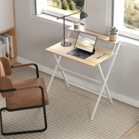 HOMCOM 81.5 cm Folding Computer Desk with Monitor Shelf - Natural Wood Finish