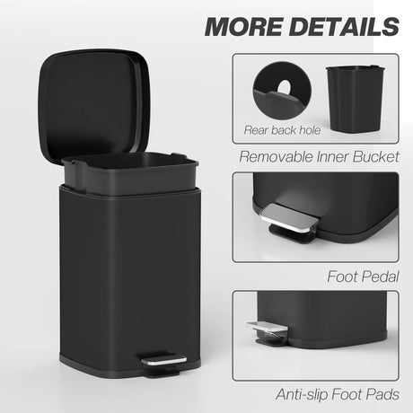 HOMCOM 20L Modern Boxy Metal Home Kitchen Bin - Black