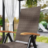 Outsunny 2 Pieces Folding Rattan Garden Dining Chairs with 5-level Reclining High Back, Wood Armrests for Outdoor - Brown