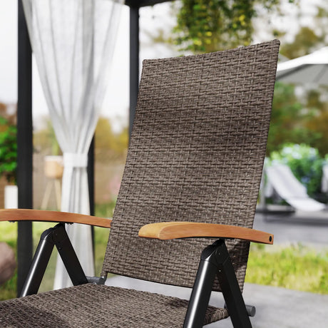Outsunny 2 Pieces Folding Rattan Garden Dining Chairs with 5-level Reclining High Back, Wood Armrests for Outdoor - Brown