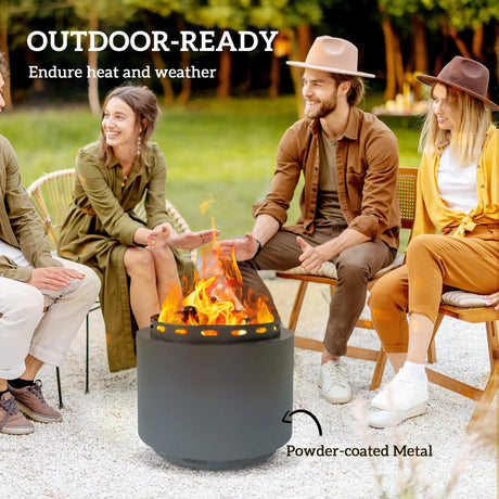 Outsunny Smokeless Fire Pit, 48.5cm Portable Wood Burning Firepit with Poker for Garden Camping Bonfire Party, Metal, Dark Grey