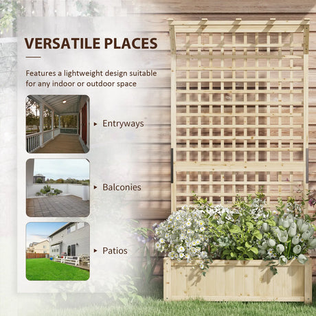 Outsunny Raised Bed with Drainage Holes, Wood Planter with Trellis for Climbing Plants to Grow Vegetables, Flowers, Natural