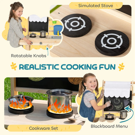 AIYAPLAY Mud Kitchen with Real Water Faucet Pretend Play Kitchen Playset with Sink and Storage Natural Wood