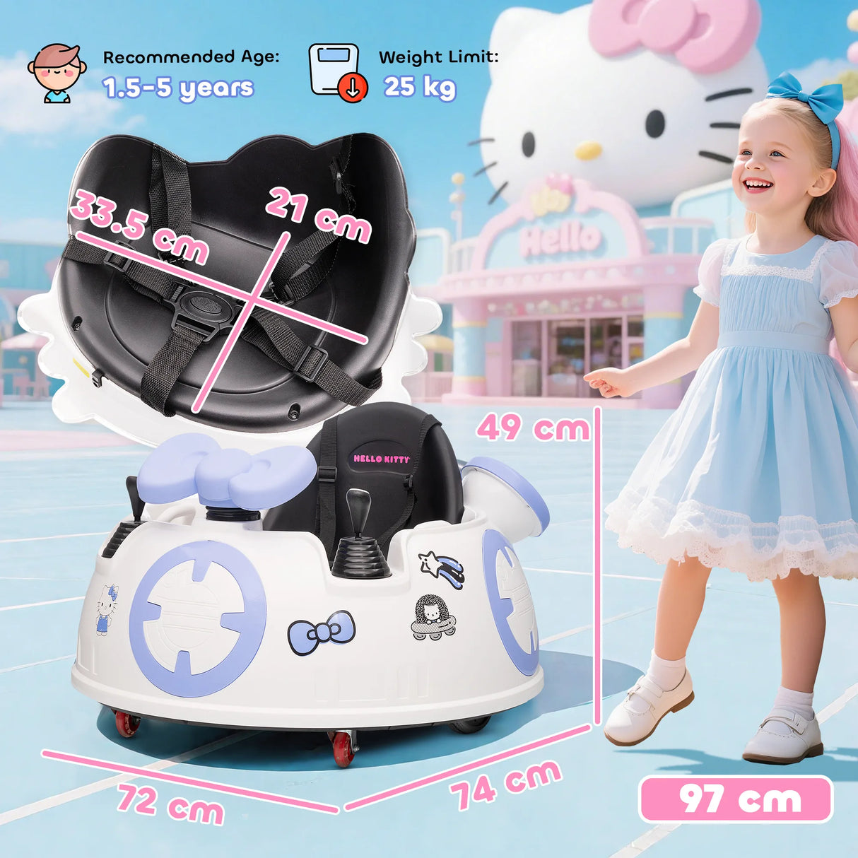 AIYAPLAY Hello Kitty Kids Ride on Bumper Car with Remote Control, Two Joysticks, Music, Lights, Safety Belt, White