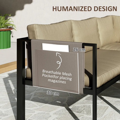 Outsunny 5 Seater Garden Corner Sofa Set, 4 Pieces Metal Garden Furniture Set with Loveseats, Glass Top Coffee Table, Breathable Mesh Pocket, Outdoor Conversation Furniture with Cushions, Khaki