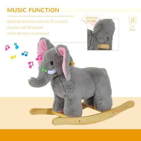 HOMCOM Kids Children Rocking Horse Plush Ride on Animal Wooden Riding Traditional Rocker Gift w/32 nursery rhymes (Grey Elephant)