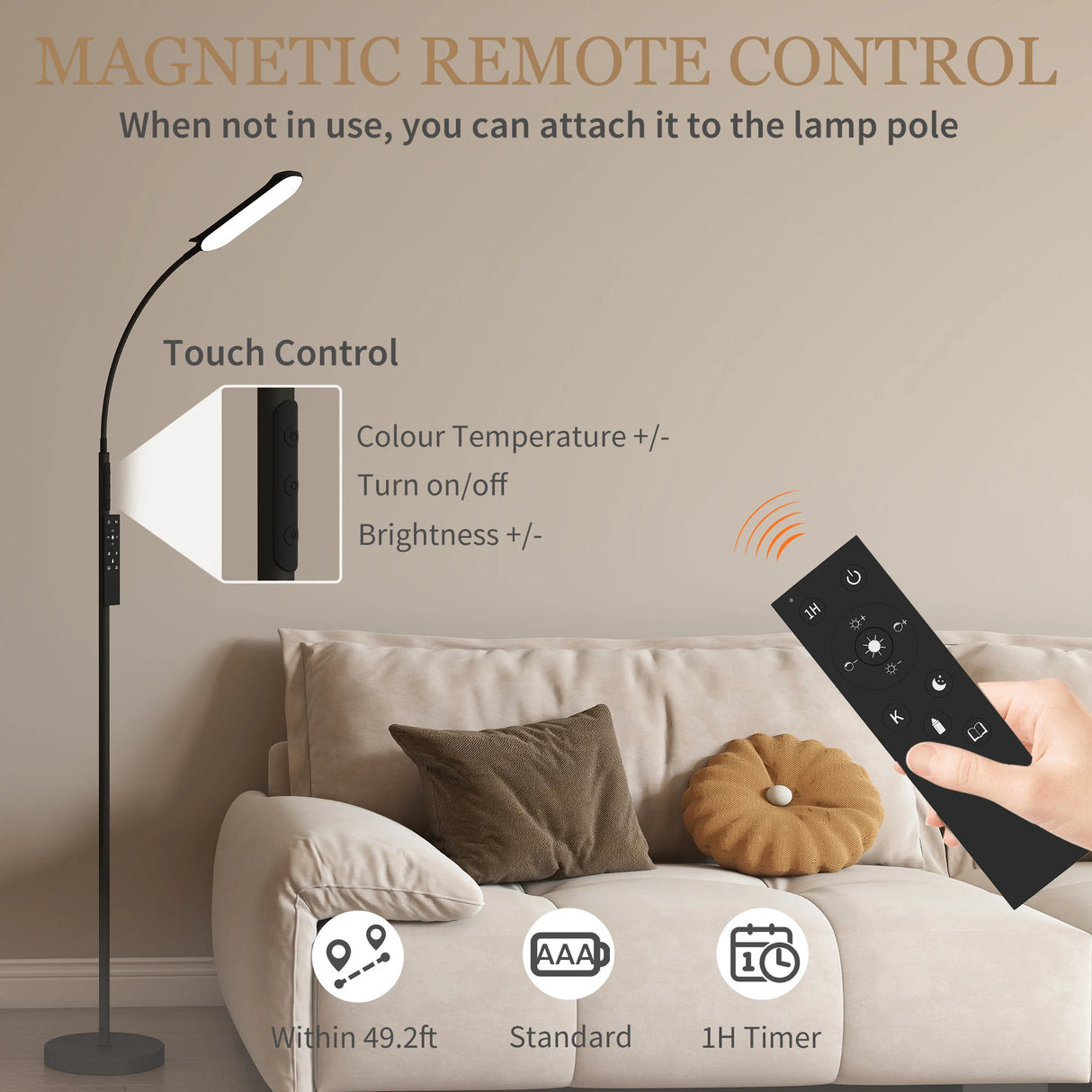 HOMCOM LED Floor Lamp, Standing Lamp with Remote & Touch Control, Stepless Dimmable Colours Temperature & Brightness, 360 Adjustable Gooseneck, 1 Hour Timer, Memory Function for Living Room, Black