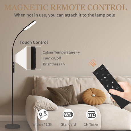 HOMCOM LED Floor Lamp, Standing Lamp with Remote & Touch Control, Stepless Dimmable Colours Temperature & Brightness, 360 Adjustable Gooseneck, 1 Hour Timer, Memory Function for Living Room, Black