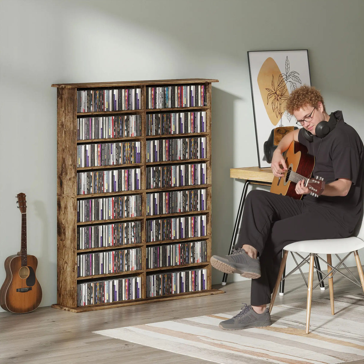 HOMCOM 16-Compartment Media Shelf - Rustic Brown