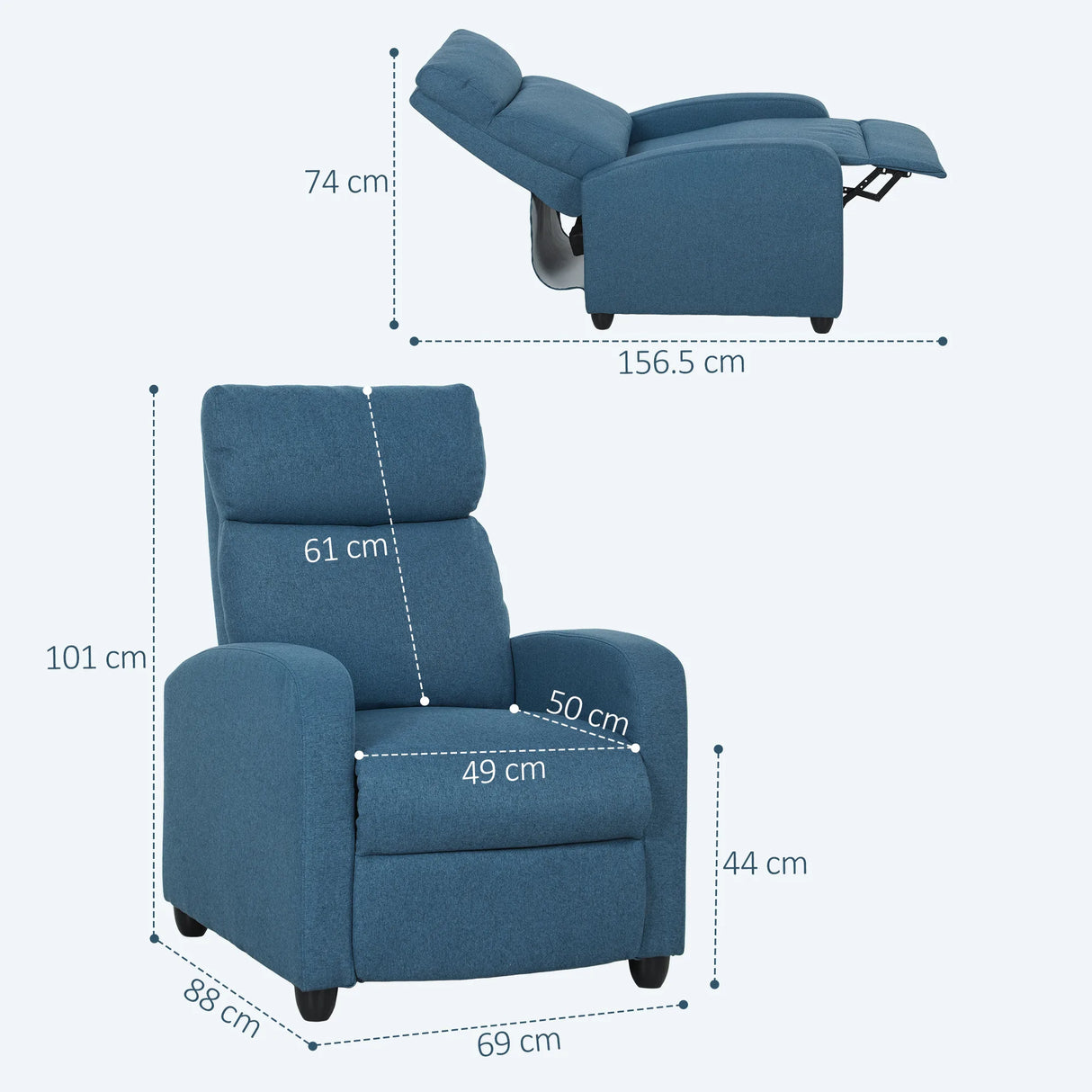 HOMCOM 135 Push Back Recliner Armchair, with Footrest - Blue