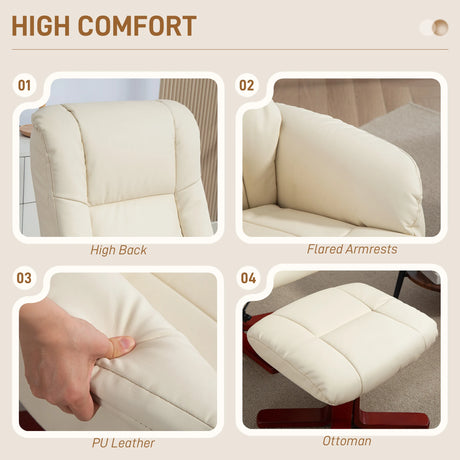 HOMCOM Rocking Recliner Chair with Footstool, PU Leather Recliner Armchair with Wood Base, Upholstered Reclining Chair for Living Room Bedroom, Cream