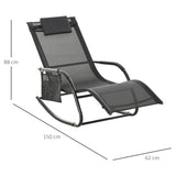 Outsunny 2PCs Outdoor Garden Rocking Chair, Patio Sun Lounger Rocker Chair with Breathable Mesh Fabric, Removable Headrest Pillow, Armrest, Side Storage Bag, Black