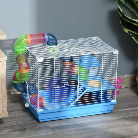 Pawhut 2 Tier Hamster Cage, Gerbil Cage with Handle, Exercise Wheels, Tunnel, Tube, Water Bottle, Dishes, Ladder, for Dwarf, Blue