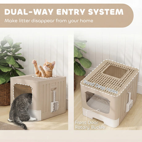 PawHut Foldable Cat Litter Box with Lid, Slide-Out Drawer, Scoop, Easy Clean, Odour Control, Anti-Splashing, Khaki