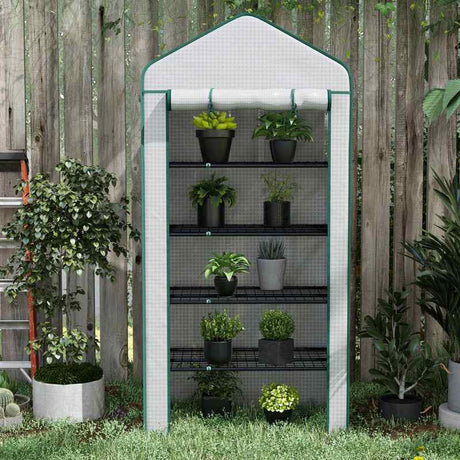 Outsunny 5 Tier Widened Mini Greenhouse with Reinforced PE Cover, Portable Indoor Outdoor Green House with Roll-up Door and Wire Shelves, 193H x 90W x 49Dcm, White