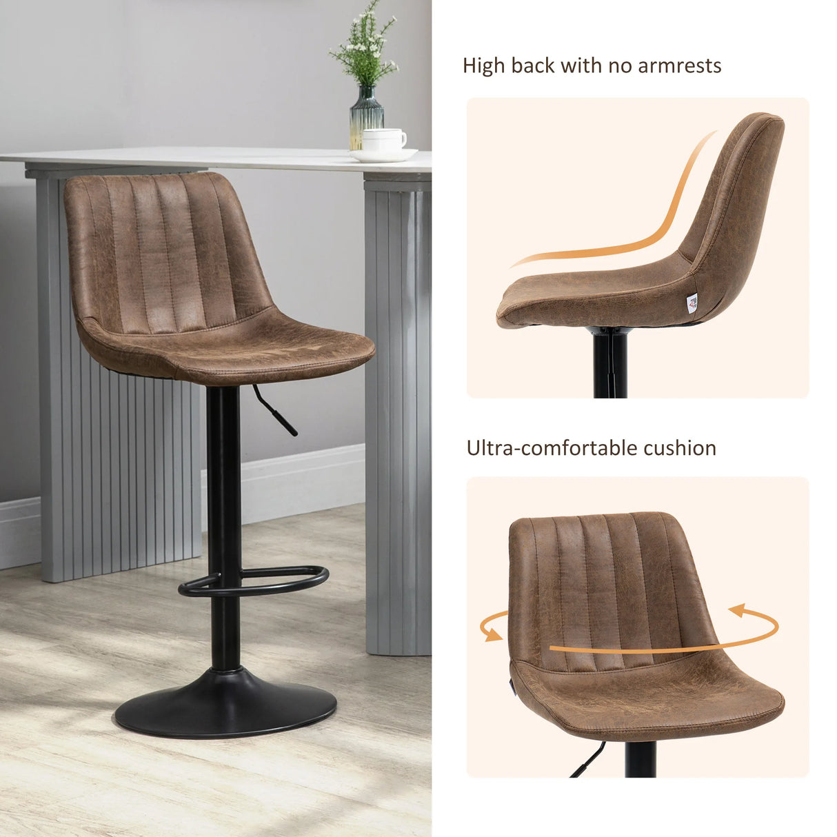 HOMCOM Bar Stools Set of 2, Swivel Counter Height Barstools with Back, Adjustable Bar Chairs, Breakfast Dining Stools for Kitchen Island Counter with Adjustable Steel Footrest & Base, Brown