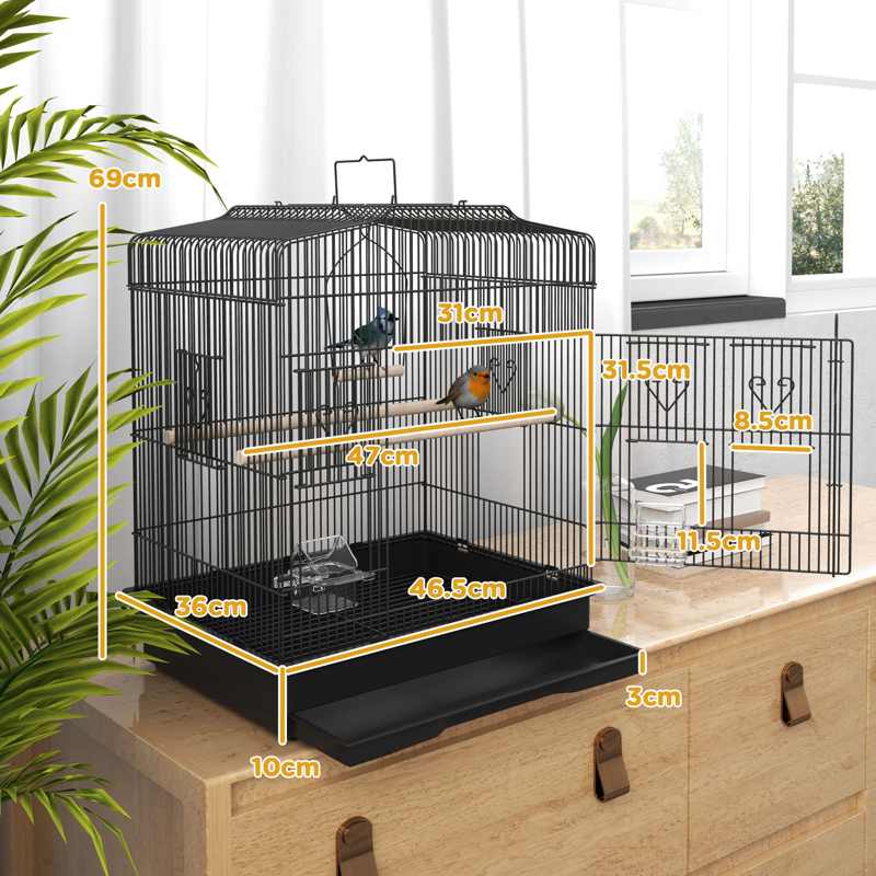 PawHut Large Metal Bird Cage with Stand, Perches, Food Bowls, Swing for Budgie, Parakeet, 46.5 x 36 x 59cm, Black