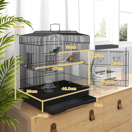 PawHut Large Metal Bird Cage with Stand, Perches, Food Bowls, Swing for Budgie, Parakeet, 46.5 x 36 x 59cm, Black