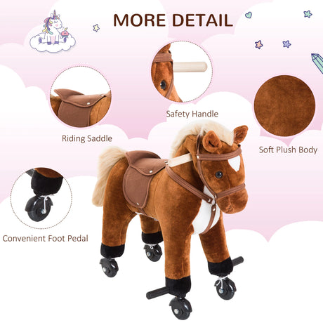 HOMCOM Rocking Horse Kids Ride on Walking Horse Animal Pony Wheeled Riding Plush Toy w/Sound for 2 Years and Up (Brown)