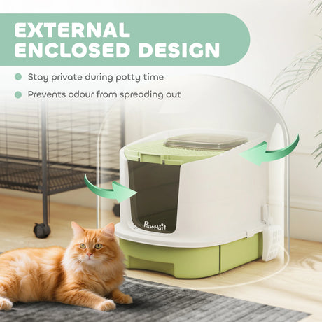 PawHut Cat Litter Box with Lid, Scoop, Deodorisation Bags, Top Entry, Green