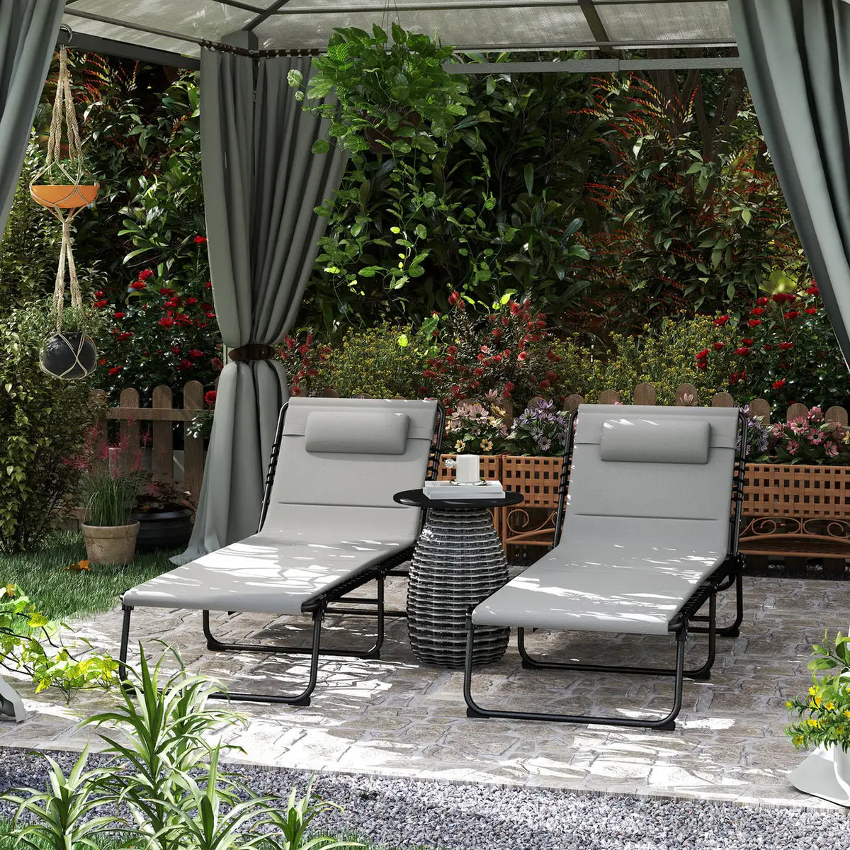 Outsunny Set of Two Reclining Sun Loungers - Light Grey