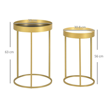 HOMCOM Nest of Tables, Round Coffee Table Set of 2, Nesting Tables with Embedded Tabletop and Metal Frame, Gold Side Table for Living Room, Bedroom