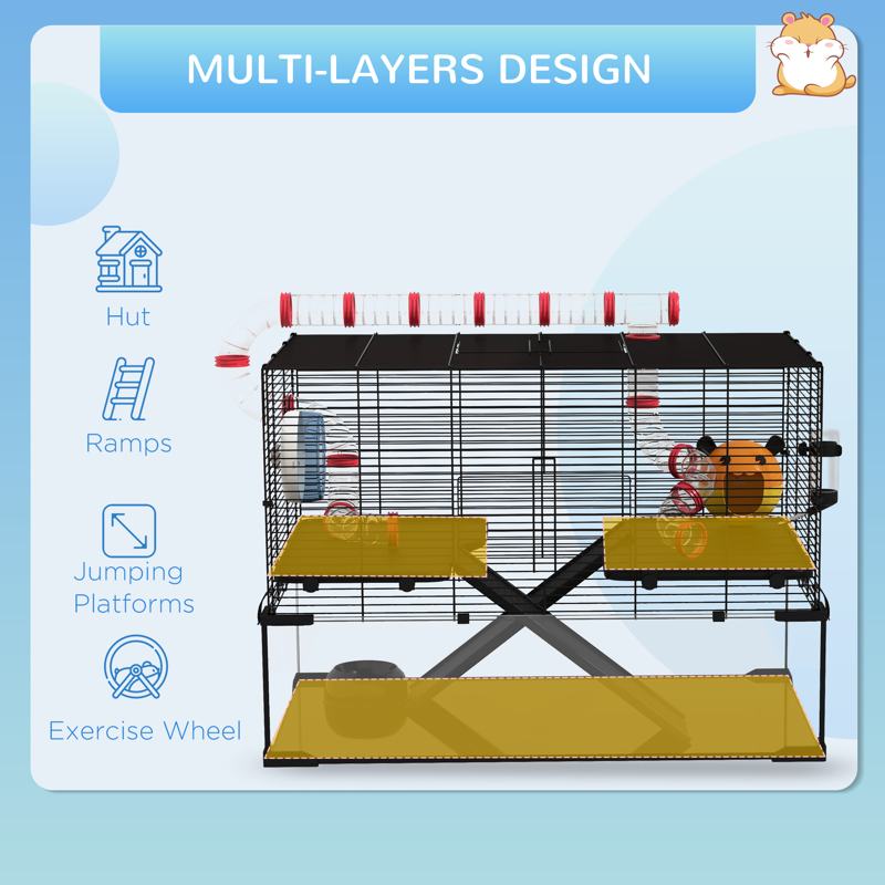 PawHut Gerbil Cage, Dwarf Hamster Cage, with Deep Glass Bottom, Tunnels, Ramps, Hut, Exercise Wheel, 78.5 x 48.5 x 57cm