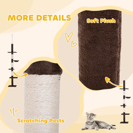 PawHut Floor to Ceiling Cat Tree Height Adjustable 230-260cm, 5-Tier Cat Tower with Scratching Post, Hammock, Perches, Climbing Activity Centre for Indoor Kittens, Brown