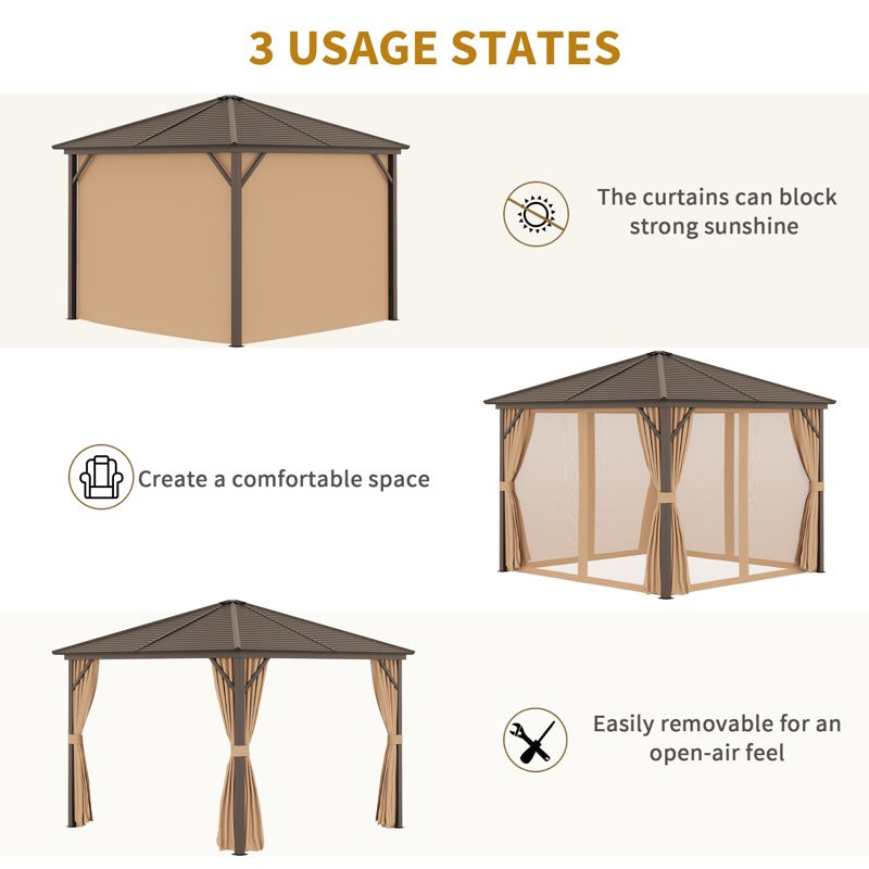 Outsunny 3 x 3(m) Metal Hardtop Gazebo, with Curtains and Accessories - Brown