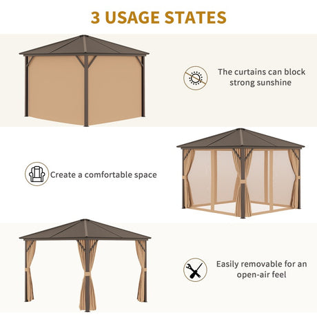 Outsunny 3 x 3(m) Metal Hardtop Gazebo, with Curtains and Accessories - Brown