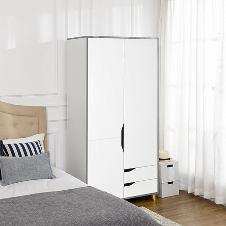 HOMCOM Wardrobe with 2 Doors, 2 Drawers, Hanging Rail, Shelves for Bedroom Clothes Storage Organiser, 89x50x185cm, White