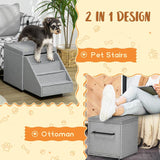 PawHut 2 in 1 Dog Steps Ottoman, Four-Tier Pet Stairs, for Small, Medium Dogs and Cats, with Storage Compartment - Grey