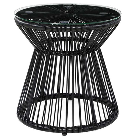 Outsunny Round End Table, Rattan Side Table, Hollow Drum Design Coffee Table w/ Glass Tabletop for Patio, Garden, Balcony Black