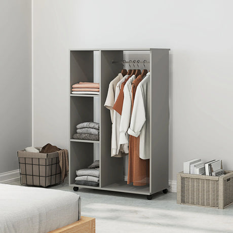 HOMCOM Open Wardrobe on Wheels, Bedroom Wardrobe with Clothes Hanging Rail, 3 Storage Shelves, Mobile Garment Rack for Cloakroom, Hallway, Grey