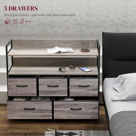 HOMCOM Rustic Chest of Five Fabric Drawers - Grey Wood Effect