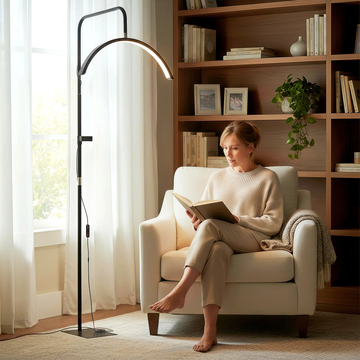 HOMCOM Half Moon Lash Light, Beauty Floor Lamp with 350 Rotatable Head, 7 Colour Temperature and Phone Holder, Dimmable Standing Lamp for Eyelash Extension, Tattoo, Nails, Skincare, Black